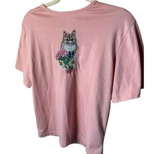 Vintage Pink Embroidered Orange Tabby Cat Floral Tee – Cottagecore, Beaded, 90s